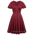 Hanna Nikole Dark Red Short Sleeve V-Neck Plus Size Bridesmaid Swing Summer Dress HN0017-1